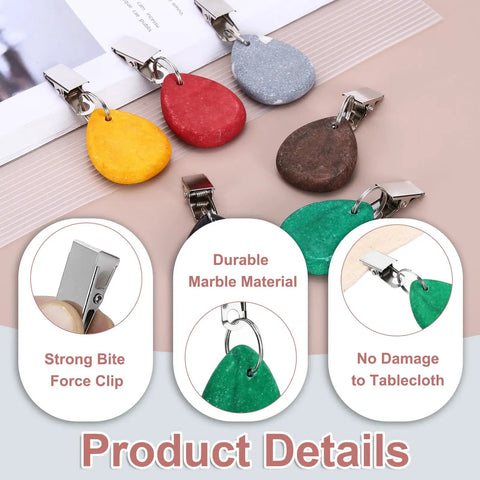 Colorful tablecloth weights with clips, showcasing 12 Pack Marble Tablecloth Weights With Teardrop Metal Clips, Green Stone Table Cover Pendants For Outdoor Picnics, Family Dinners, And Parties, Durable Clip On Weights To Keep Tables Flat And Stays Put, with strong bite clips and durable material.
