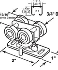 Diagram of 3/4 Inch RV Pocket Door Hangers With Quad Rollers For 111/118F Track showing dimensions and components.