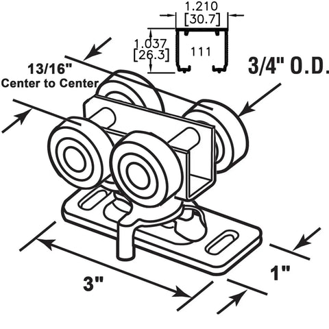 Diagram of 3/4 Inch RV Pocket Door Hangers With Quad Rollers For 111/118F Track showing dimensions and components.