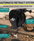 Retractable Three Quarter Inch Fuel Hose Reel 33 Feet With Nozzle And Swivel Diesel Reel Built To Last Auto Spring Driven 300 PSI Industrial Steel Construction NBR Rubber Hose For Farm Factory And Workshop, auto retract system