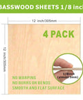 Front view: Basswood sheets, 12x12 in, 1/8 in thick, 4-pack; smooth flat surface for laser cutting