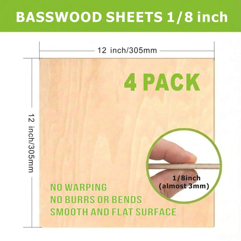 Front view: Basswood sheets, 12x12 in, 1/8 in thick, 4-pack; smooth flat surface for laser cutting