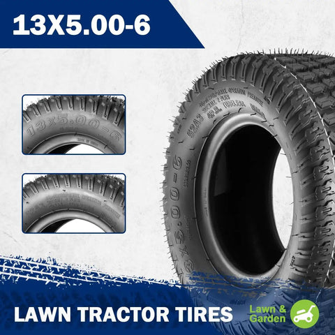 Two Pack 13x5.00-6 Turf Tires For Lawn And Garden Mower With 4PR Load Range Deep Traction Tread Not For Highway Use Tough For Yards