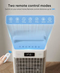 Hand holding remote to Portable 3-In-1 Evaporative Air Cooler With Remote And Touch Control, LED screen display indoors