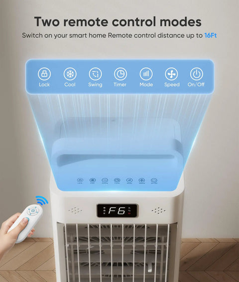 Hand holding remote to Portable 3-In-1 Evaporative Air Cooler With Remote And Touch Control, LED screen display indoors