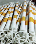 Hella Rugged Retractable Traffic Barricade Bars 10 Pack Extendable 4 To 7 Feet, yellow and white, for road work setup.