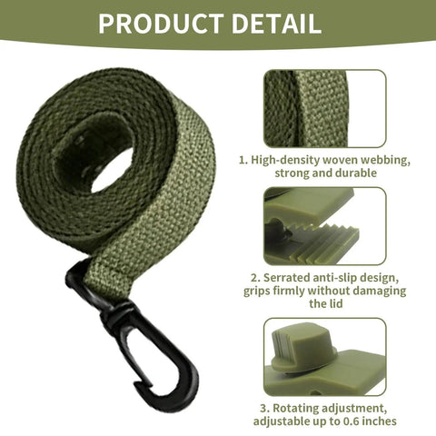 Rock Solid Eight Piece Pool Cover Reel Mounting Kit With Heavy Duty Army Green Straps And Slick Clips For Solar Covers, detail of green strap and clip.