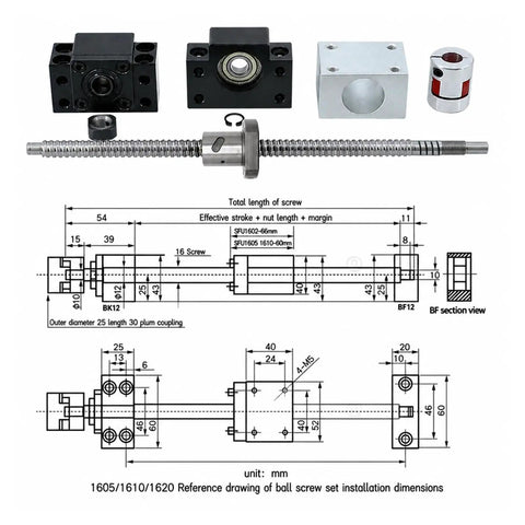 SFU1605 16mm Rolled Ballscrew Kit With BKBF12 Support And DSG16H Nut installation dimensions and components diagram.