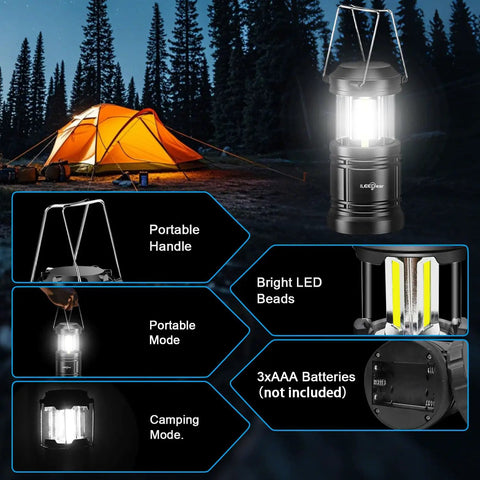 Portable LED Camping Lantern 2-Pack With Battery Operated Lights Adjustable Brightness For Camping Emergencies next to orange tent