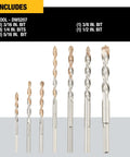 DEWALT 7-piece masonry drill bit set with gold carbide tips for concrete and block, sizes 3/16–1/2 in.