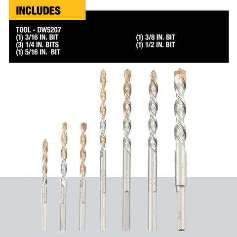 DEWALT 7-piece masonry drill bit set with gold carbide tips for concrete and block, sizes 3/16–1/2 in.