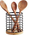 Large Round Utensil Holder With Wooden Base Matte Black Countertop Organizer For Spatulas, Spoons, Whisks And More Durable Metal And Bamboo Kitchen Caddy