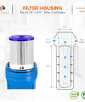 1 Micron Whole House Pleated Sediment Water Filter Cartridge Twenty By Four And A Half Inch Replacement Compatible With ECP5 20BB SPC 45 1005 2 Pack Heavy Duty Filtration For Cleaner Fresher Home Water showing filter housing dimensions and BPA-free label.