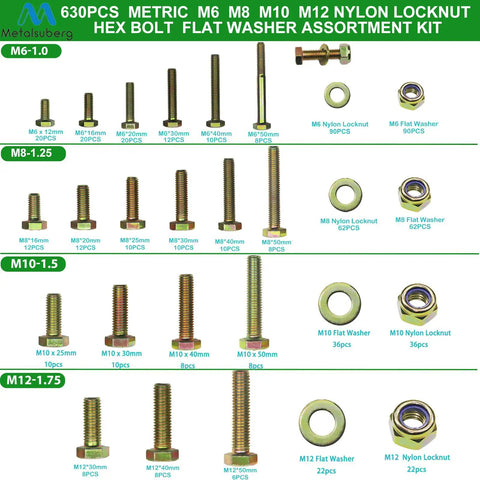 630 Piece Metric Hex Bolt Assortment Kit with Nylon Locknuts and Flat Washers M6 M8 M10 M12 showing various sizes and types of bolts and nuts.