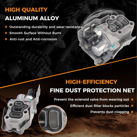 VTEC VVT Solenoid Spool Valve OCV Oil Control Plug And Play Direct Fit Replacement For Honda Civic Accord CR V Element RSX Acura 2Point0L 2Point4L L4 Engines 15810RAAA03 917224 showing aluminum alloy construction and dust protection net