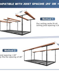 Diagram showing Heavy Duty Overhead Garage Storage Rack System 4x8 Foot Ceiling Organizer setup methods for joist spacing