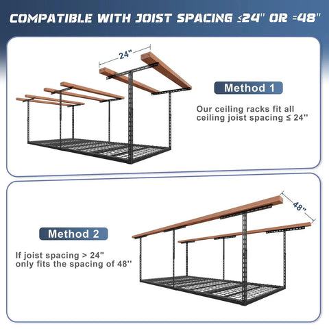 Diagram showing Heavy Duty Overhead Garage Storage Rack System 4x8 Foot Ceiling Organizer setup methods for joist spacing