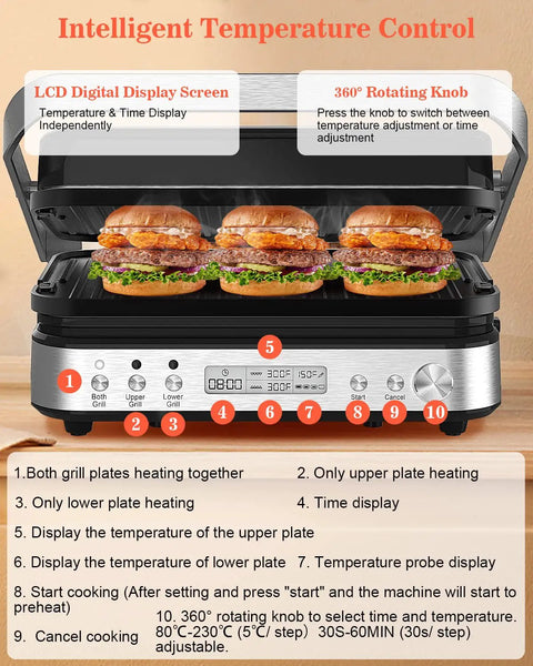 Cattleman 1600W Panini Press Grill And Sandwich Maker With Removable Plates, 6 In 1 Indoor Contact Grill features LCD display.