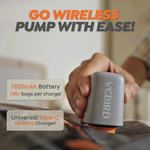 Cordless Vacuum Storage Bags 20 Pack With Rechargeable Wireless Pump in use showing 1800mAh battery with Type-C charging