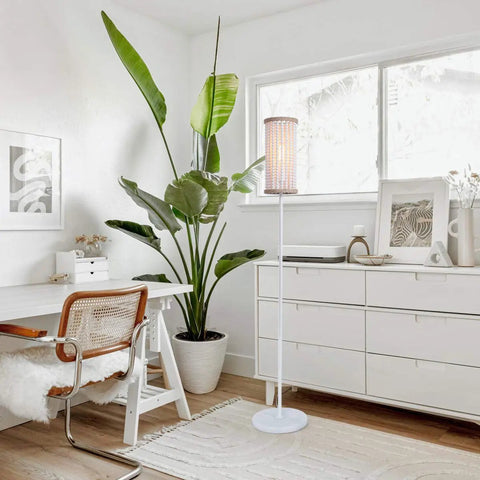 Boho Chic Floor Lamp With White Wood Beaded Shade For Bedroom, Living Room, And Girl Room, Hand Rope Knot Accent, in modern space