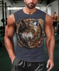 Heavy Duty Mens Dry Fit Tank Top Boasting Sharp Viking Wolf Artwork in gym setting, sleeveless crewneck, moisture-wicking fabric.