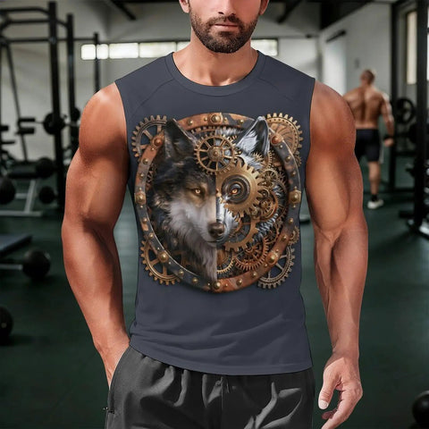 Heavy Duty Mens Dry Fit Tank Top Boasting Sharp Viking Wolf Artwork in gym setting, sleeveless crewneck, moisture-wicking fabric.