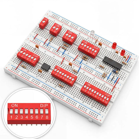 Red Dip Switch Kit For Breadboards, 2.54mm PCB Mount On Off Toggle Switches, Double Row Assortment Installed on Breadboard