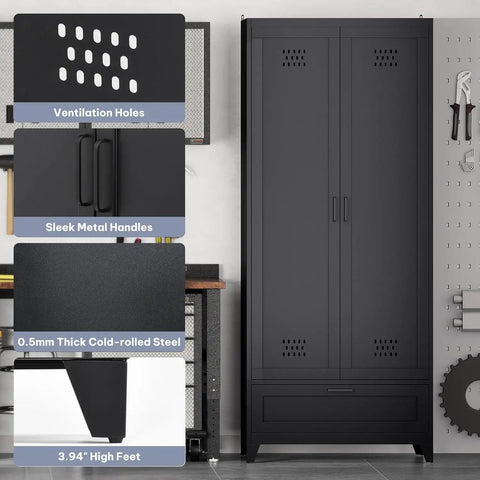 Front view of Beefy Steel Garage Storage Cabinet With Adjustable Shelves And A Drawer For Tools And Vacuum Storage, black finish.