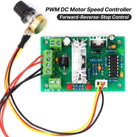 PWM DC Motor Speed Controller 10 To 30V 3A 120W with Forward Reverse Stop Switch on green circuit board close-up