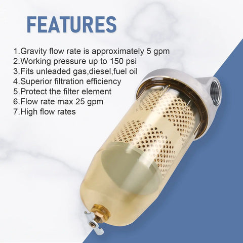 Fuel Tank Filter Assembly With Wrench For Gasoline And Diesel Water Separation, 30 Micron Filter, Up To 25 GPM shown with features.