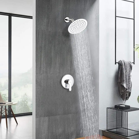 Chrome Shower Faucet Set With 8 Inch Rainfall Shower Head Wall Mounted Single Function Trim Kit And Rough In Valve All Metal Solid Brass Body Modern Luxury Bath Hardware installed in modern bathroom
