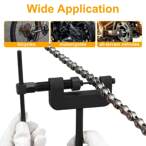 13-Piece Motorcycle Chain Breaker Tool Kit With 3 Anvils, Steel Pins, Riveter, for Bikes and ATVs in use on a bicycle chain