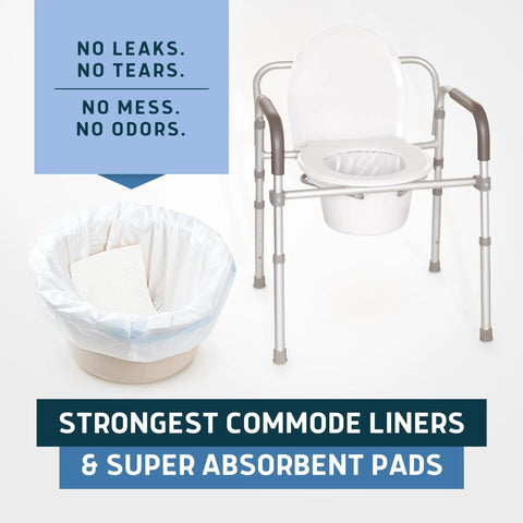 Heavy Duty Medical Grade Commode Liners With Super Absorbent Pads Zero Hassle Odor Control Pull And Tie Disposable Seat Covers for easy cleanup and home health value pack, shown in use with a commode.