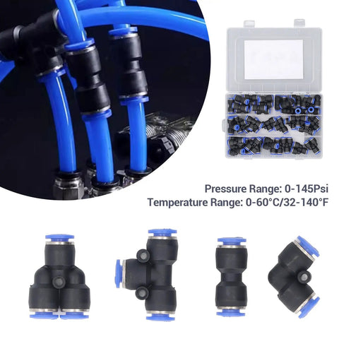Grab These Awesome Push to Connect Air Fittings Kit To Boost Your Pneumatic System Efficiency And Durability With Easy Install Splitters And Elbows For 8mm Tubes That Rock, 8mm black plastic pneumatic fittings kit with elbows, tees, and straight connectors