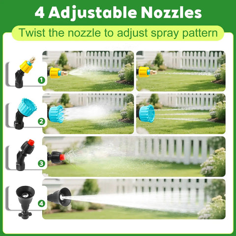 Diagram showing 4 adjustable spray nozzles for High Reach Plant Waterer With Type C Wireless Wand, Battery Powered Sprayer