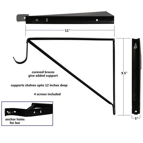 Diagram of Heavy Duty Closet Shelf And Rod Bracket Set Black 3 Pack Built To Last Supports 12 Inch Deep Shelves with measurements.