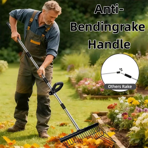 Man using anti-bending rake handle in garden with flowers and leaves, illustrating durable steel construction rake in action