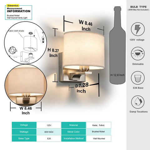 Edwarmlux Indoor Wall Sconces, Brushed Nickel, 1 Pack, E26 Bulbs Excluded with dimensions and fabric shade details.