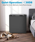 Rock Solid 1.6 Cu Ft Mini Fridge With Freezer Tight Compact Upright Cooler in bedroom with a sleeping cat on a rug.