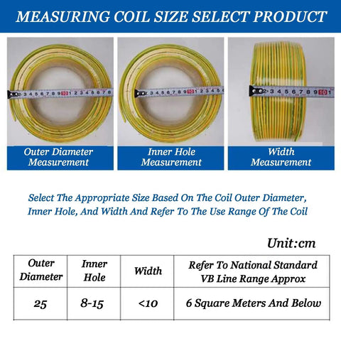 Measurement guide for Portable Wire Spool Rack For Multiple Axle Cables with outer diameter, inner hole, and width indicators.