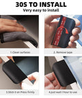 Installation steps for 5 Pack Adhesive Edge Finger Pulls For Cabinets, showing cleaning, tape removal, application, and final placement.