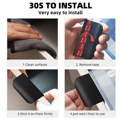 Installation steps for 5 Pack Adhesive Edge Finger Pulls For Cabinets, showing cleaning, tape removal, application, and final placement.