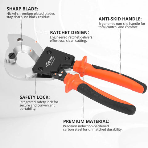 Heavy Duty Ratcheting Cable Cutter Cuts Copper And Aluminum Wire Up To 600 Mcm Pro Electrician Tool with safety lock and anti-skid handle.