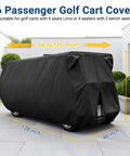 Six Passenger Golf Cart Storage Cover For EZGO Club Car And Yamaha in black heavy-duty fabric, 138 L x 48 W x 66 H size shown.