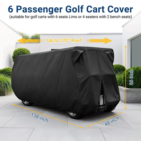 Six Passenger Golf Cart Storage Cover For EZGO Club Car And Yamaha in black heavy-duty fabric, 138 L x 48 W x 66 H size shown.