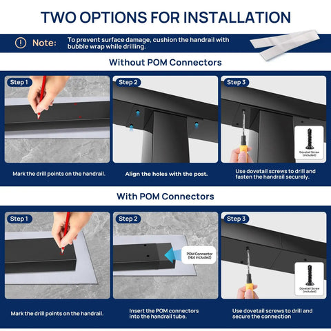 Installation guide for 10 Ft Black Aluminum Handrail Featuring Pro Grade Powder Coating and Top Shelf Nylon End Caps.
