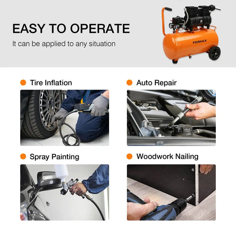 Fornax 8 Gallon Air Compressor With 1HP Oil Free Motor Delivering 2.2 Cfm At Max 125 Psi. Ultra Quiet 70 Db Design Makes This Portable Tank Perfect For Nail Guns, Tire Inflation, And Diy Home Projects While The Lightweight Frame With Wheels Ensures Easy