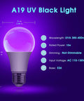 Ultra Bright LED Black Light Bulb 10W UVA 385 400nm A19 Base with specifications highlighted in purple glow