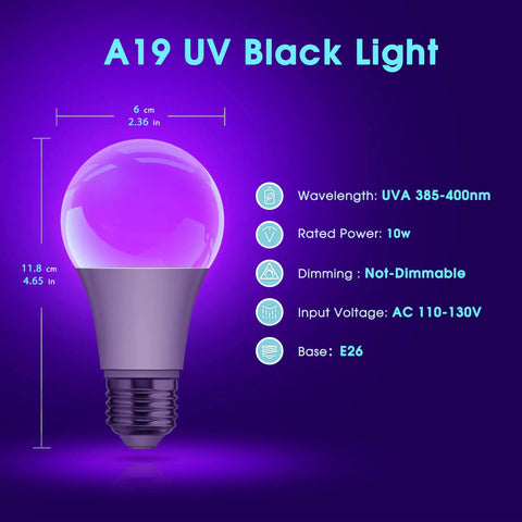 Ultra Bright LED Black Light Bulb 10W UVA 385 400nm A19 Base with specifications highlighted in purple glow