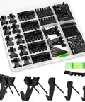 Top Notch 385 Piece Picture Hanging Kit For Walls With Heavy Duty Hooks Sawtooth Nails And Hanging Tool Organized Box Storage For Frames Art Photo Display Easy Setup And Secure Mounting Black with assorted hooks and nails.